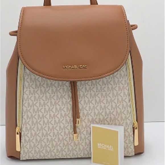 Michael Kors Brown and Cream Phoebe MK Signature Backpack Acorn Vanilla leather - Picture 1 of 7